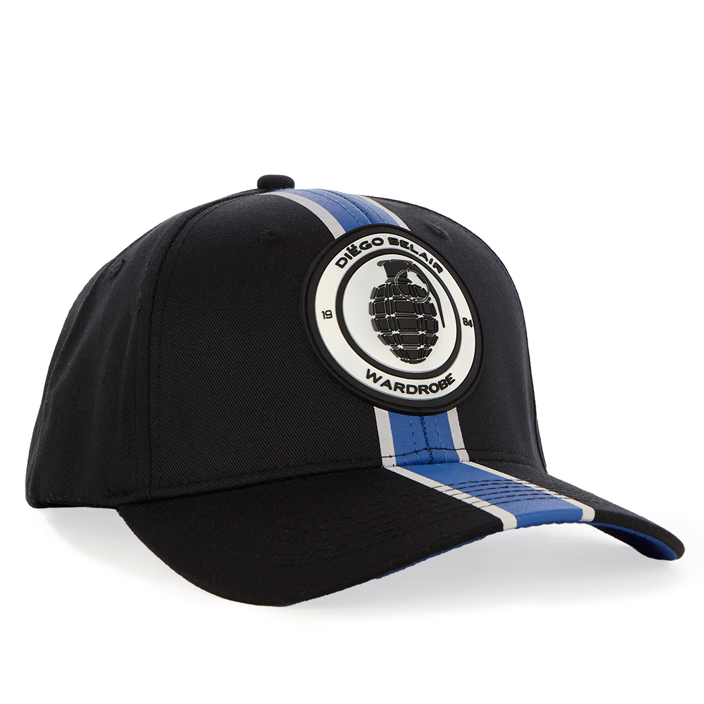 Black Diego Belair cap with blue stripe and logo