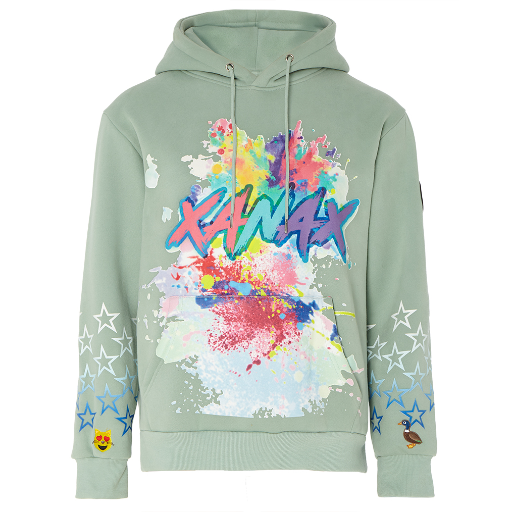 Front of light green hoodie with colorful graphic design