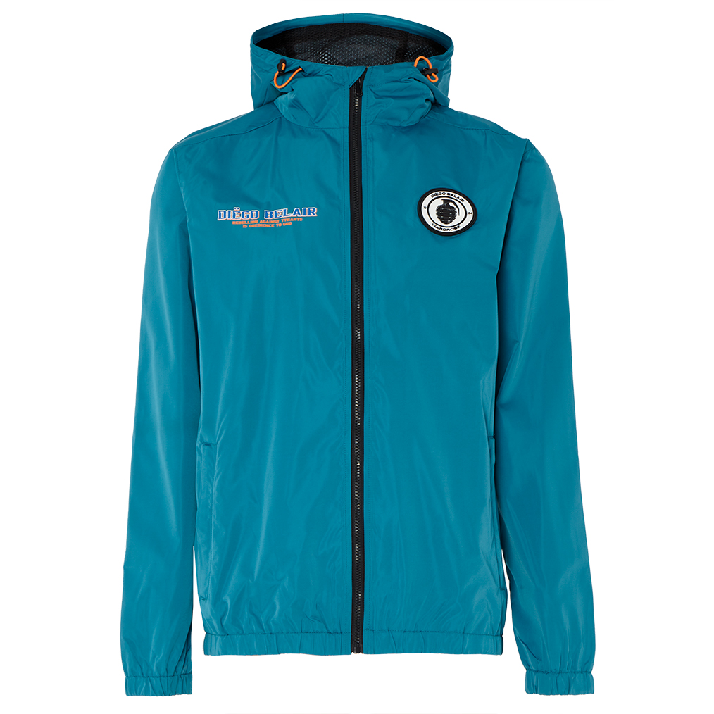 Front view of teal Diego Belair jacket with chest logo