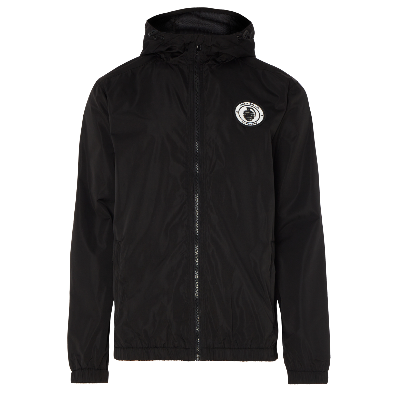 Front view of black Diego Belair jacket with logo on chest