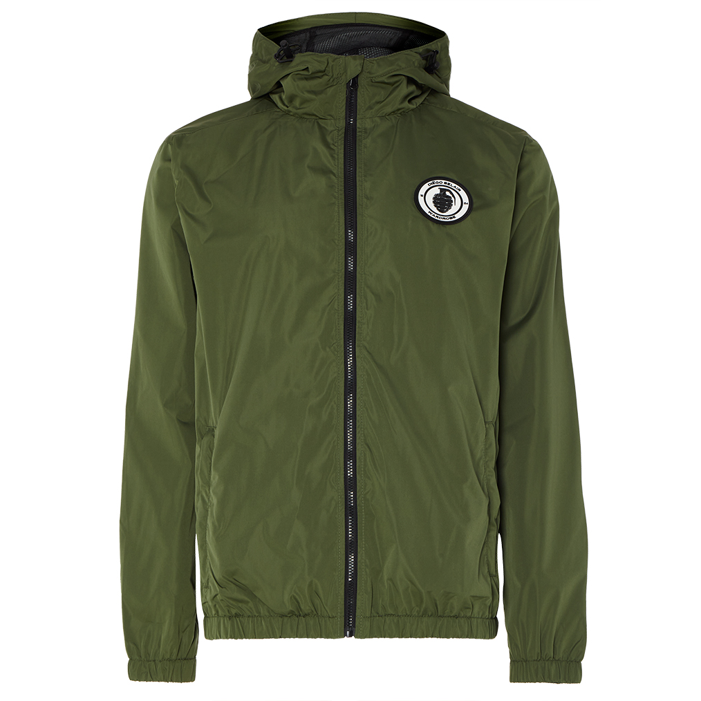 Front view of olive green Diego Belair jacket with chest logo