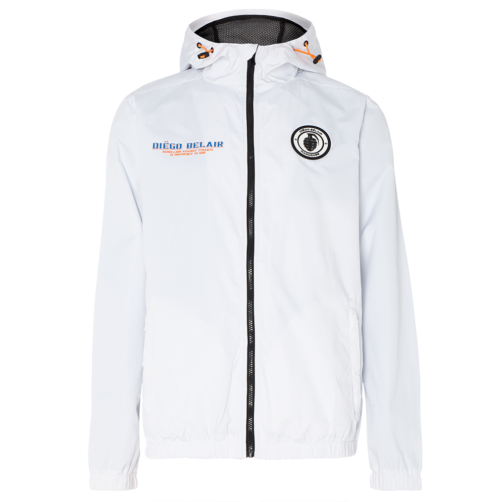 White Diego Belair Jacket with Vertical Logo Text