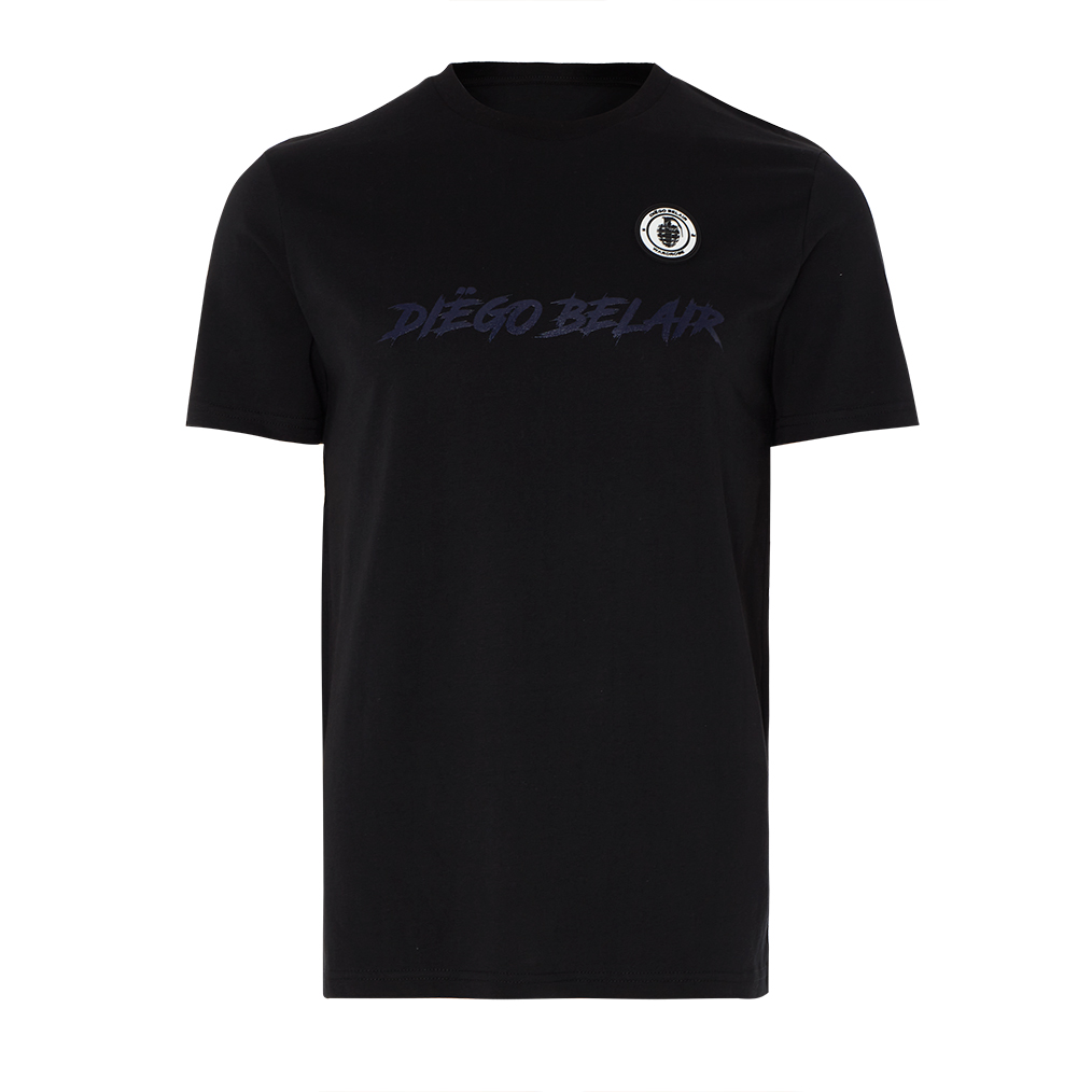 Diego Belair men's black t-shirt with logo and text on the front.