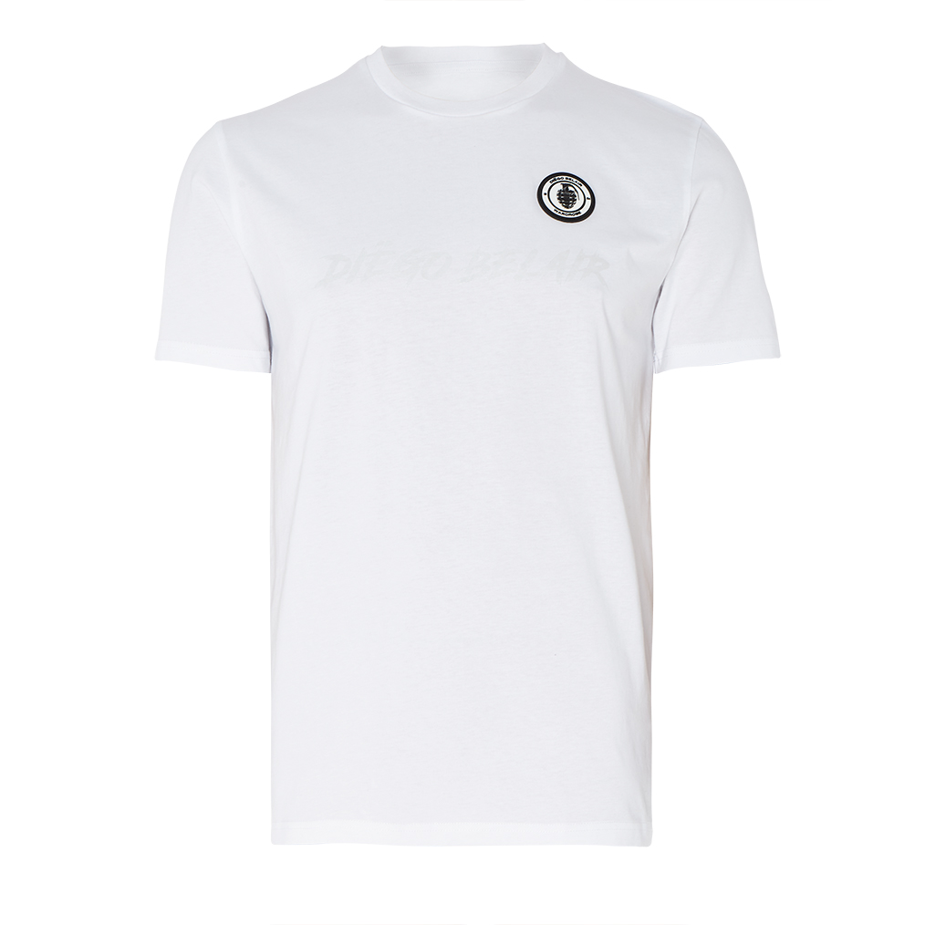 Diego Belair men's white t-shirt with faint logo and text on the front.
