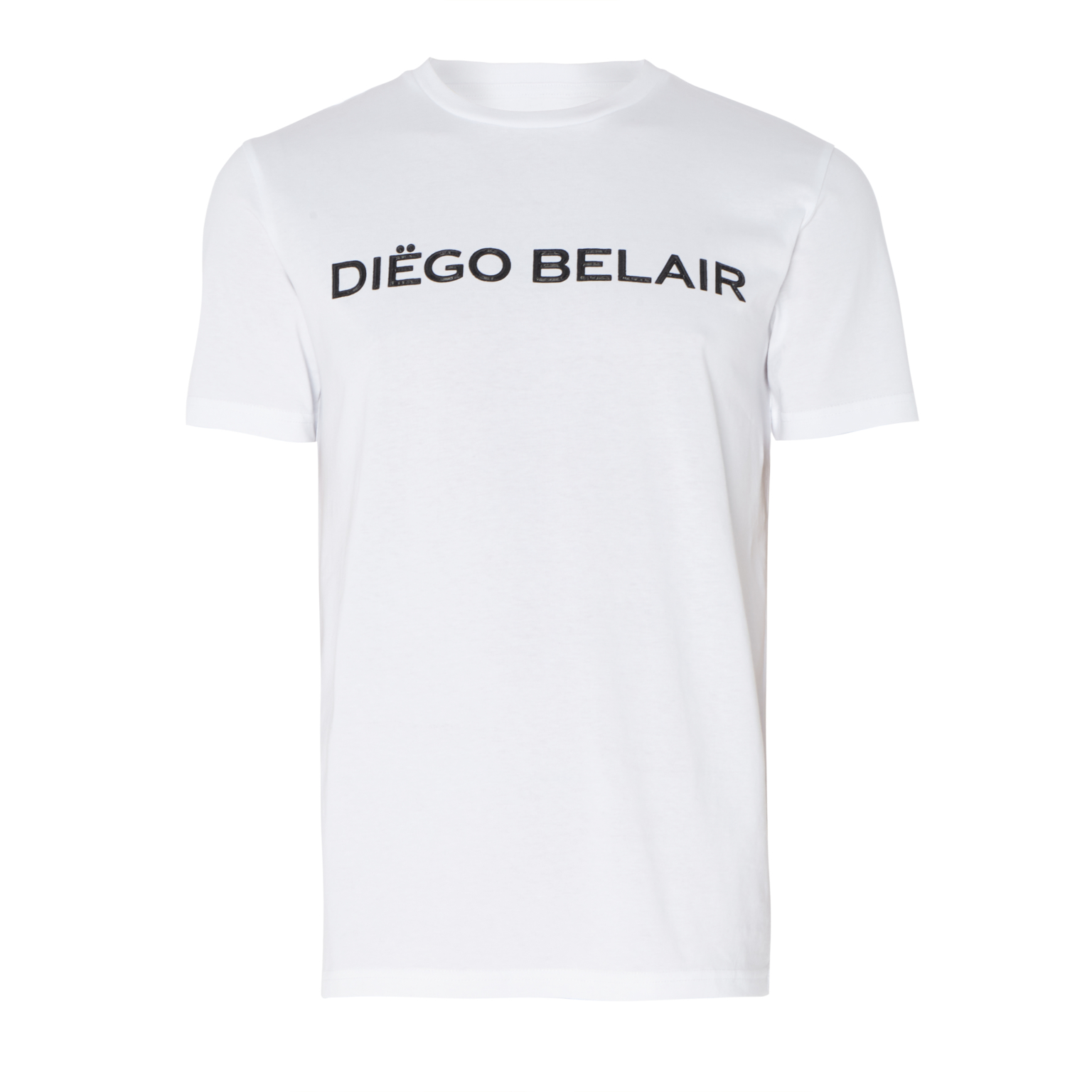 Diego Belair men's white t-shirt with brand name on the front.
