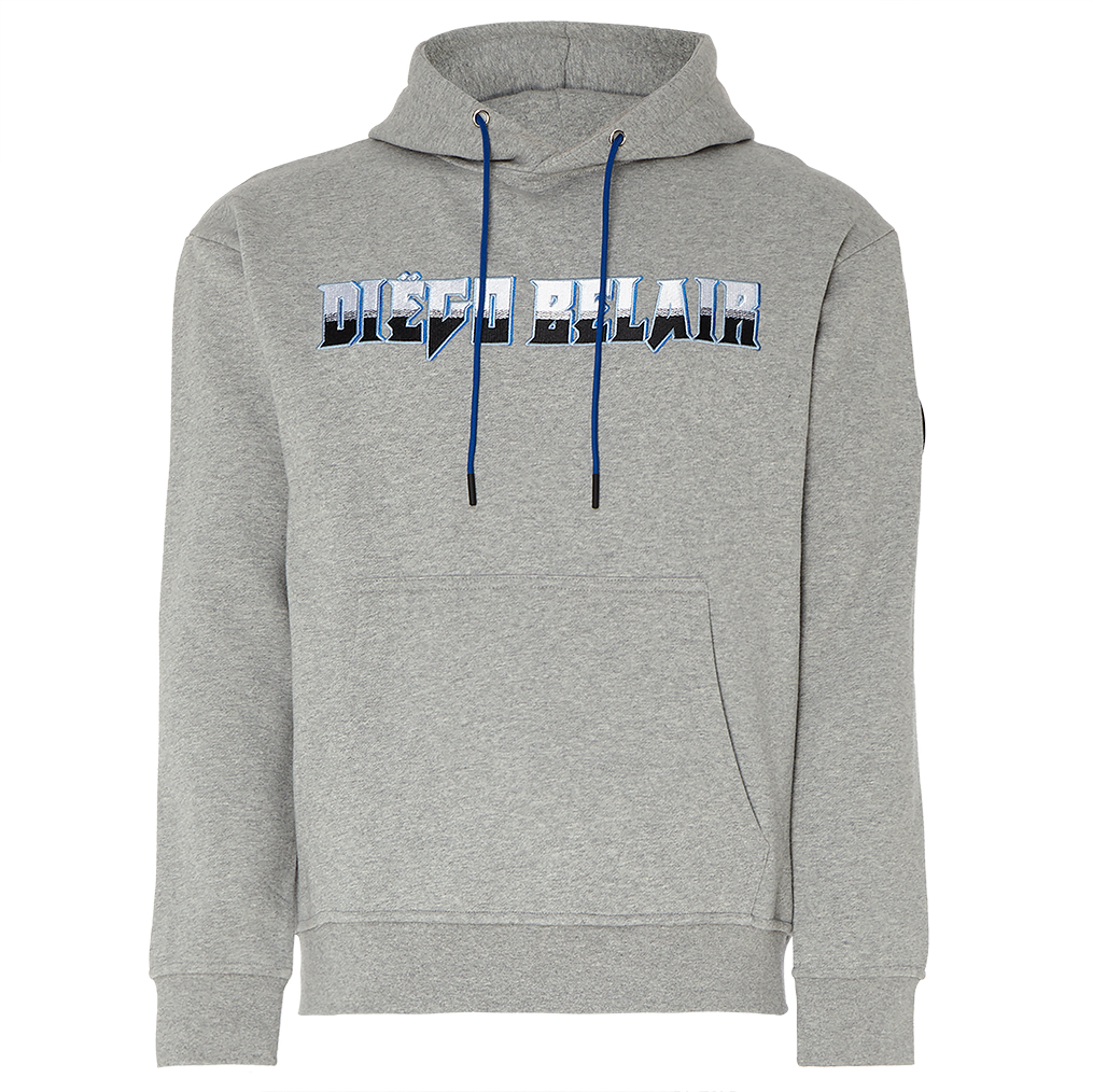 Gray Diego Belair hoodie with blue drawstrings and front logo