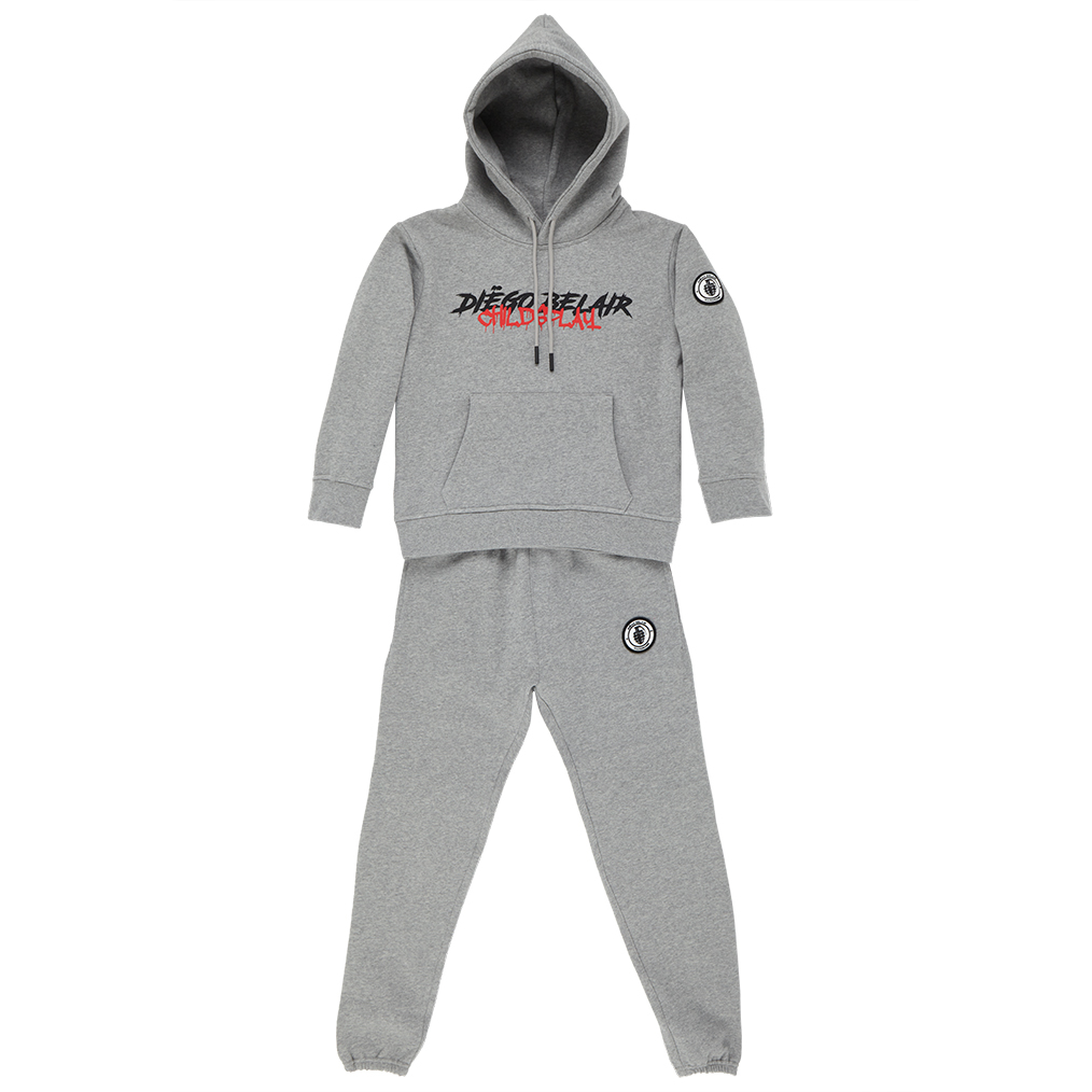 Diego Belair kids' gray hoodie and sweatpants set with logo.