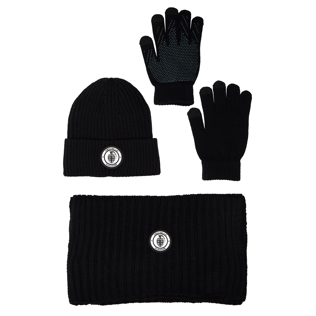 Diego Belair black winter accessories set with hat, gloves, and scarf.