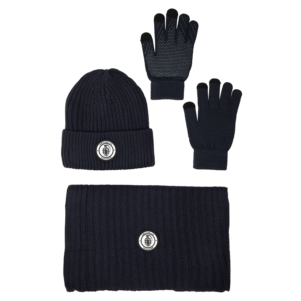 Diego Belair navy blue winter accessories set with hat, gloves, and scarf.