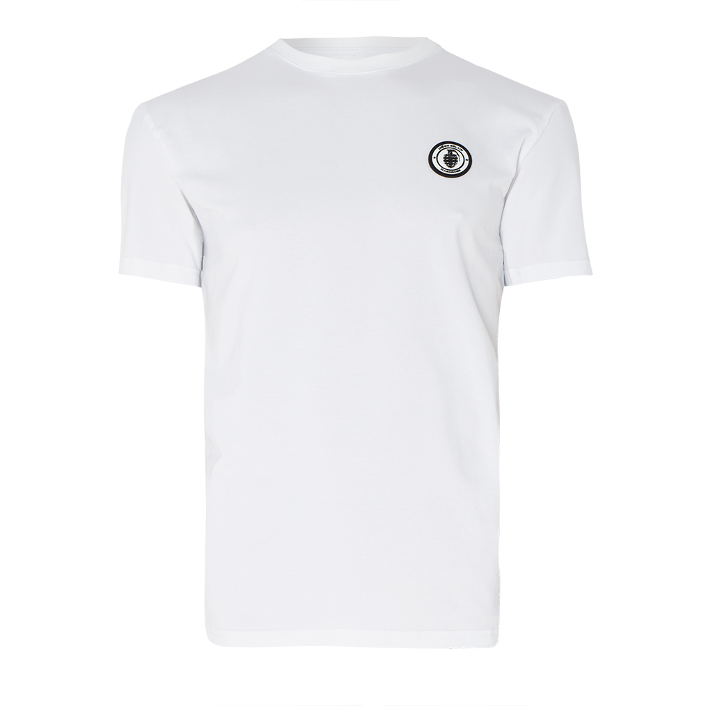 Diego Belair men's white t-shirt with logo on the left chest.