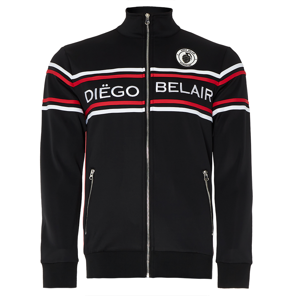 Diego Belair men's black track jacket with red and white stripes.